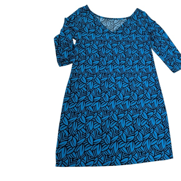 Leota Blue Leaf Print Essential Dress Size M Stretch Travel Dress - Picture 2 of 6